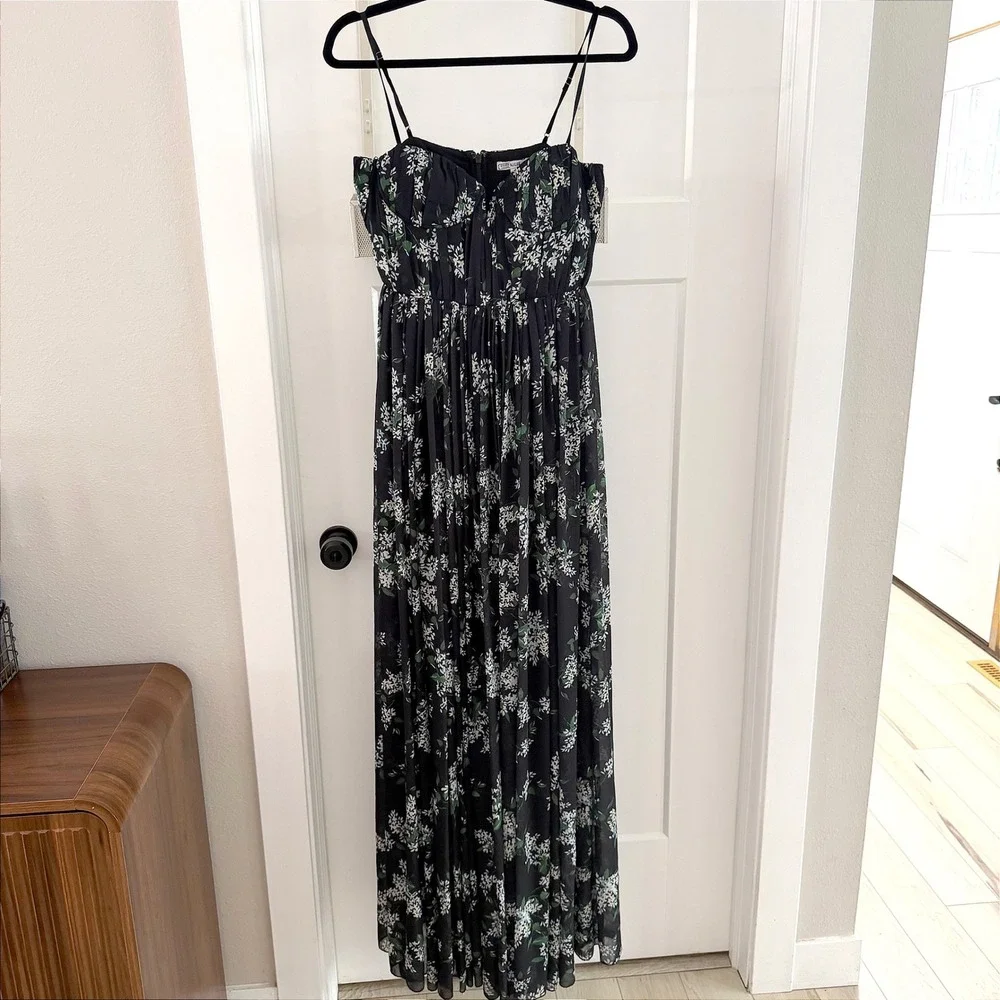 Sau Lee Georgina Ditsy Floral Gown Black Chiffon Pleated Bustier Maxi Dress Sz 4 - Picture 1 of 13